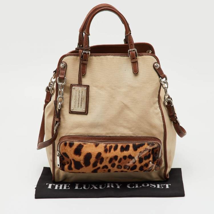 Pre Owned Dolce & Gabbana Beige/Brown Canvas and Leather Miss Pocket Tote