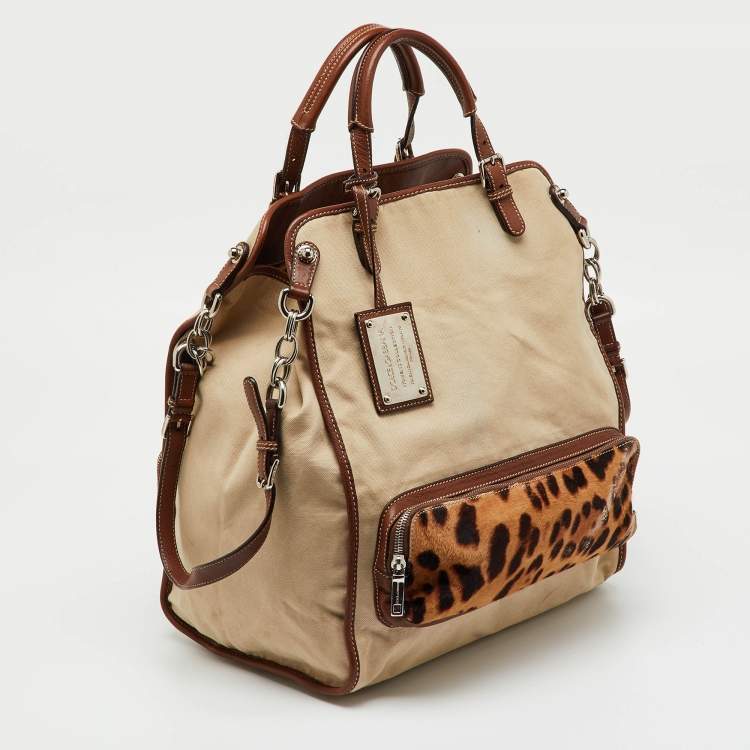 Pre Owned Dolce & Gabbana Beige/Brown Canvas and Leather Miss Pocket Tote