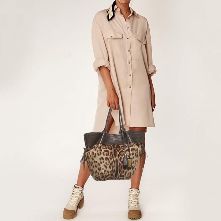 Pre Owned Dolce & Gabbana Brown Leopard Calfhair and Leather Drawstring Hobo