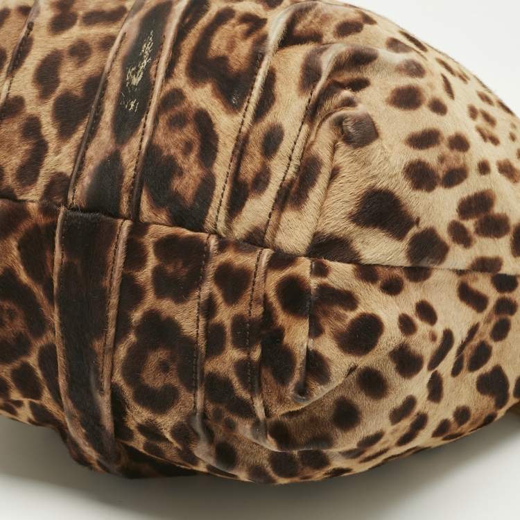 Pre Owned Dolce & Gabbana Brown Leopard Calfhair and Leather Drawstring Hobo