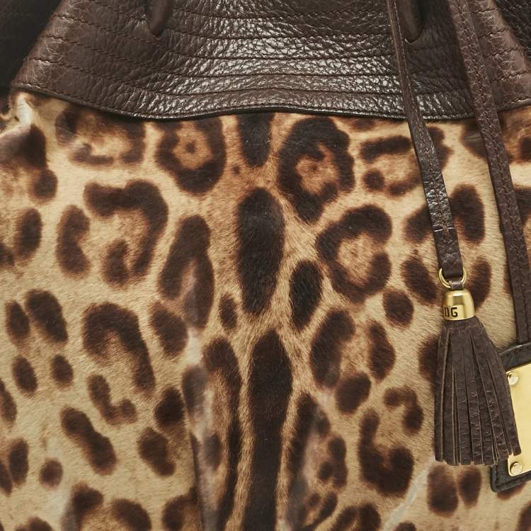 Pre Owned Dolce & Gabbana Brown Leopard Calfhair and Leather Drawstring Hobo