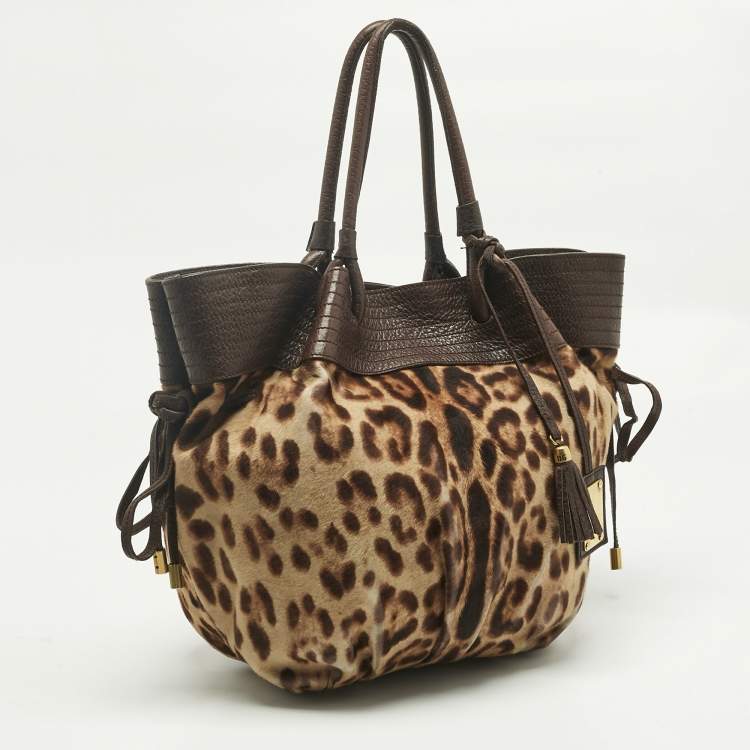 Pre Owned Dolce & Gabbana Brown Leopard Calfhair and Leather Drawstring Hobo