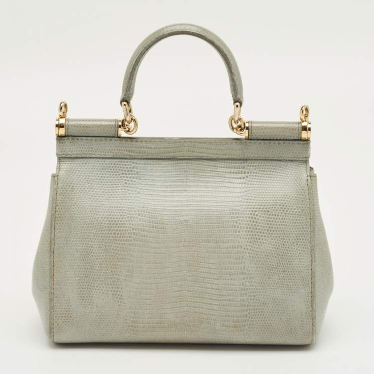 Pre Owned Dolce & Gabbana Grey Lizard Embossed Leather Small Miss Sicily Top Handle Bag