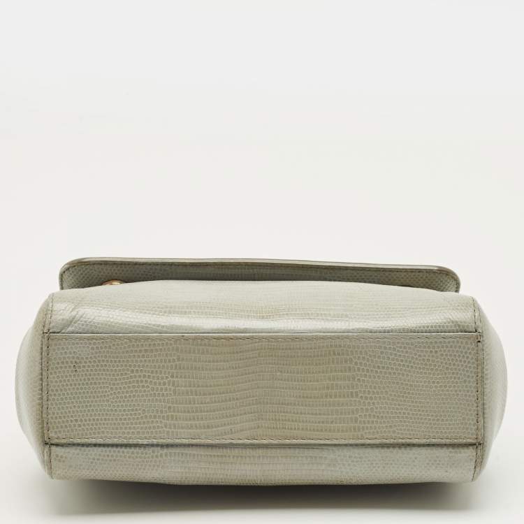 Pre Owned Dolce & Gabbana Grey Lizard Embossed Leather Small Miss Sicily Top Handle Bag