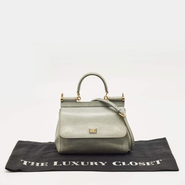 Pre Owned Dolce & Gabbana Grey Lizard Embossed Leather Small Miss Sicily Top Handle Bag