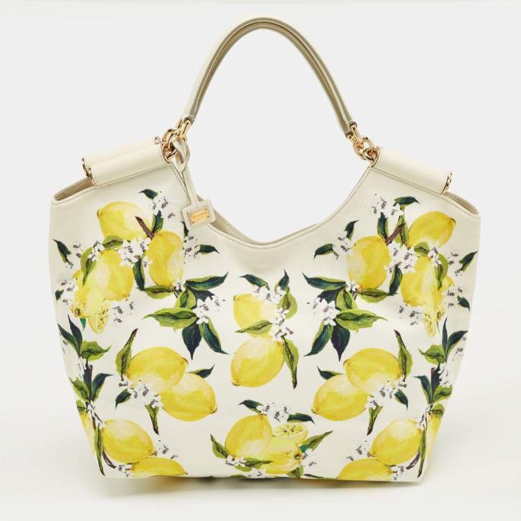 Pre Owned Dolce & Gabbana Yellow/White Lemon Print Canvas and Leather Tote
