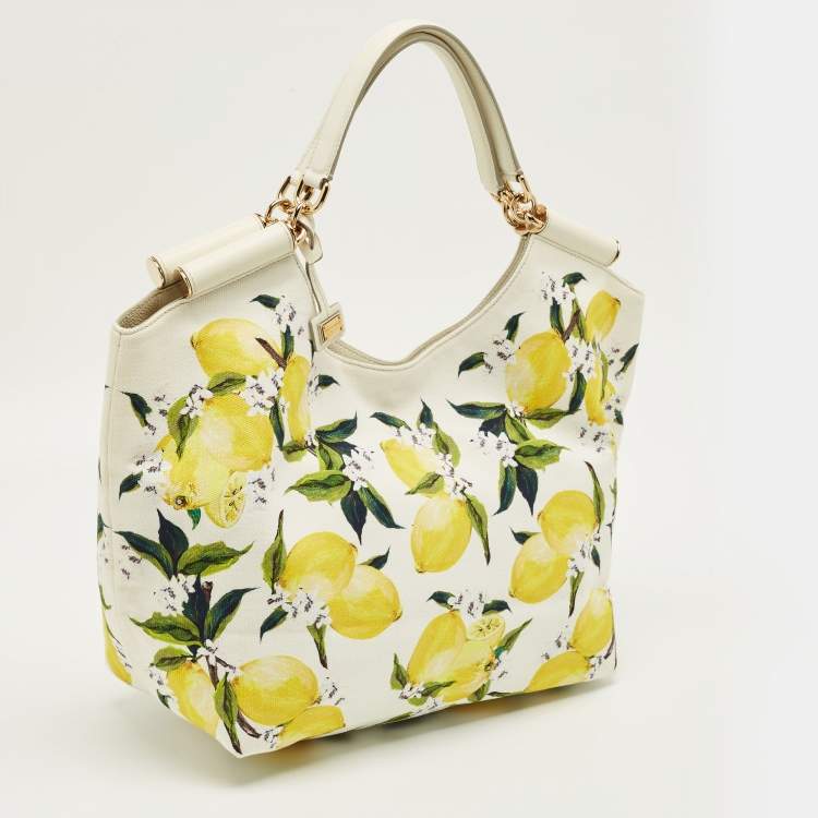 Pre Owned Dolce & Gabbana Yellow/White Lemon Print Canvas and Leather Tote