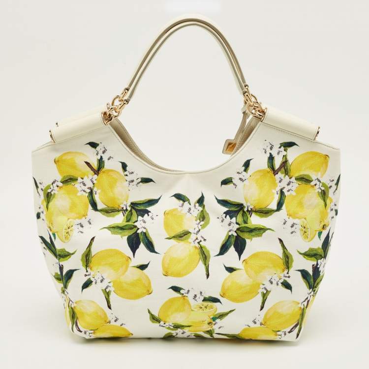 Pre Owned Dolce & Gabbana Yellow/White Lemon Print Canvas and Leather Tote