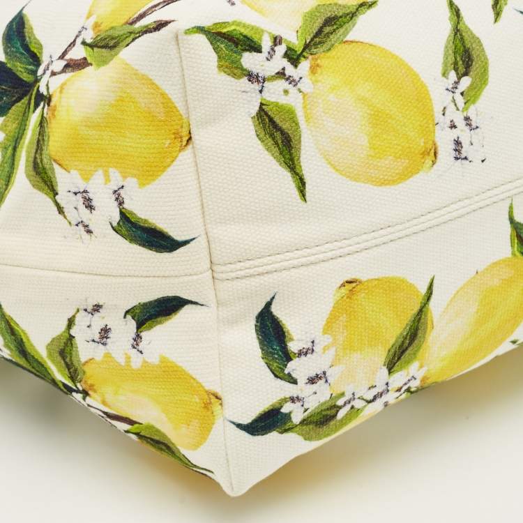 Pre Owned Dolce & Gabbana Yellow/White Lemon Print Canvas and Leather Tote