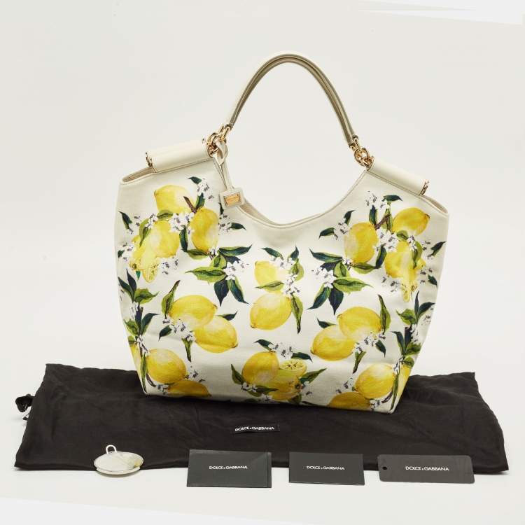 Pre Owned Dolce & Gabbana Yellow/White Lemon Print Canvas and Leather Tote