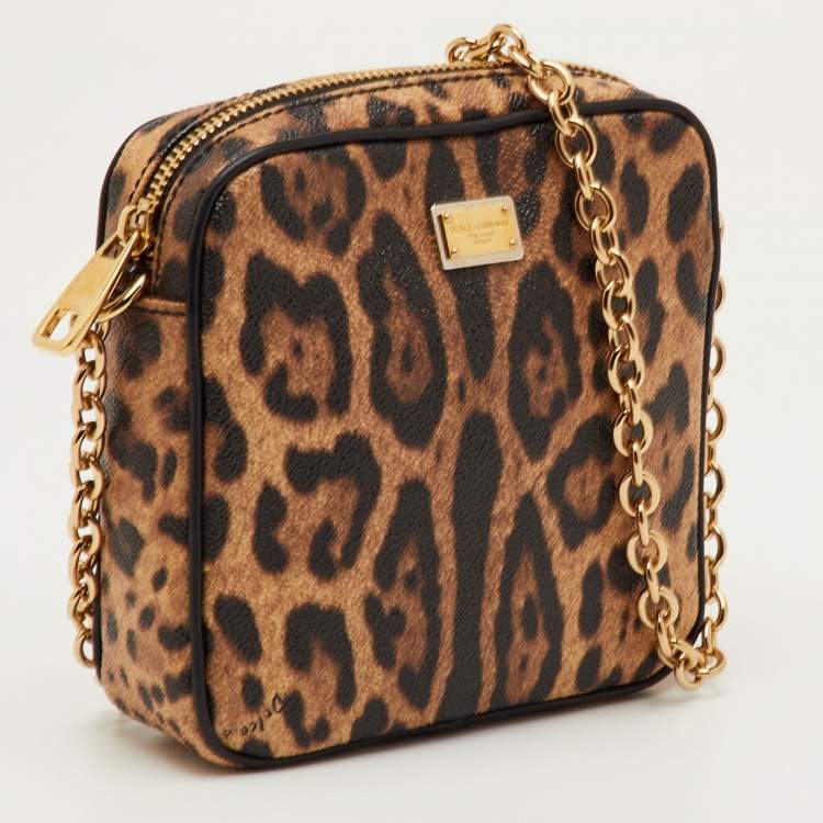 Pre Owned Dolce & Gabbana Brown/Beige Leopard Print Coated Canvas Chain Bag