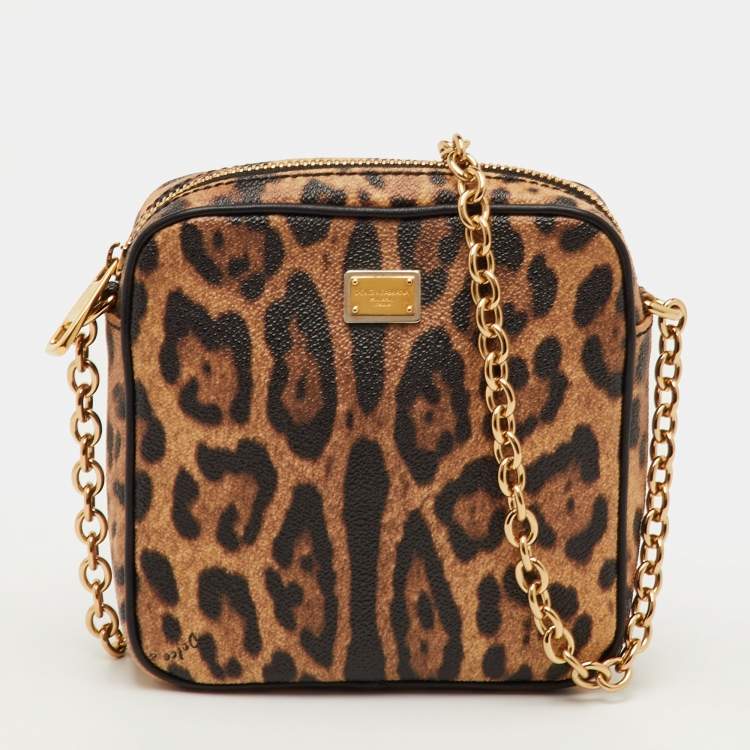 Pre Owned Dolce & Gabbana Brown/Beige Leopard Print Coated Canvas Chain Bag