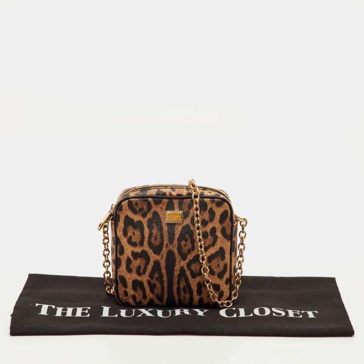 Pre Owned Dolce & Gabbana Brown/Beige Leopard Print Coated Canvas Chain Bag