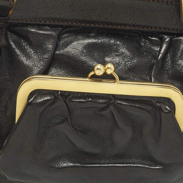 Pre Owned حقيبة إطار جلد أسود بجيب قفل دولتشي أند غابانا