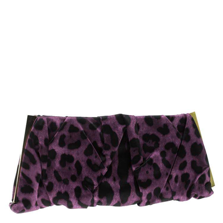 Pre Owned Dolce & Gabbana Purple Leopard Print Satin Miss Lady Clutch