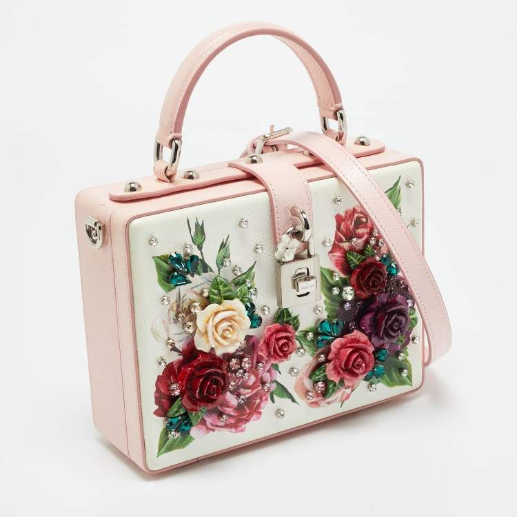 Pre Owned Dolce & Gabbana Dolce Box Pink/White Floral Embellished Leather Top Handle Bag