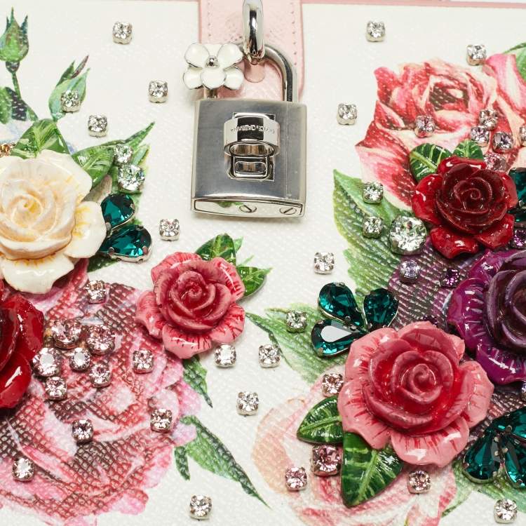 Pre Owned Dolce & Gabbana Dolce Box Pink/White Floral Embellished Leather Top Handle Bag
