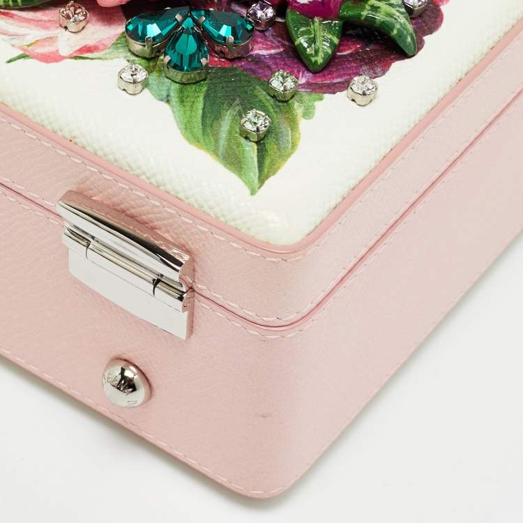 Pre Owned Dolce & Gabbana Dolce Box Pink/White Floral Embellished Leather Top Handle Bag