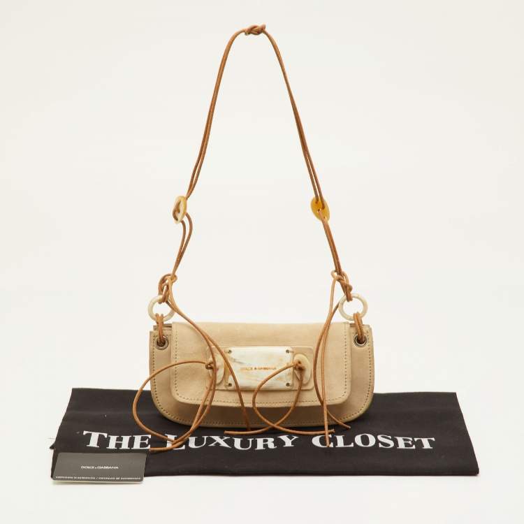 Pre Owned Dolce & Gabbana Vintage Boho Chic Cream/Brown Suede Flap Shoulder Bag