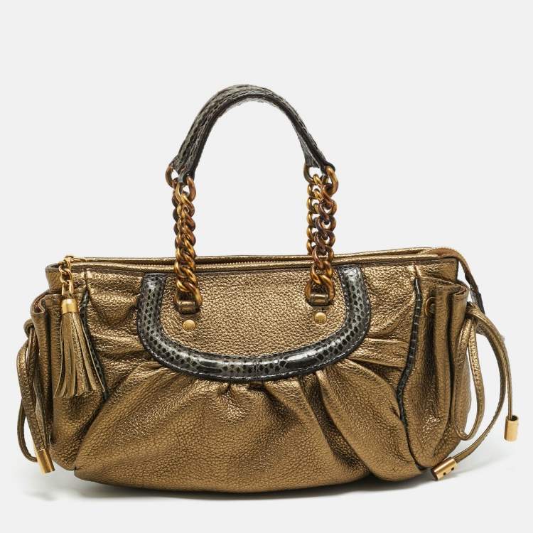 Pre Owned Dolce & Gabbana Gold Leather and Python Trims Chain Satchel