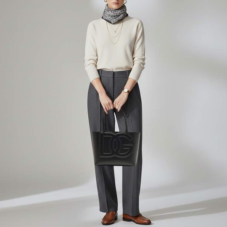 Pre Owned Dolce & Gabbana DG Embossed Logo Small Black Leather Tote