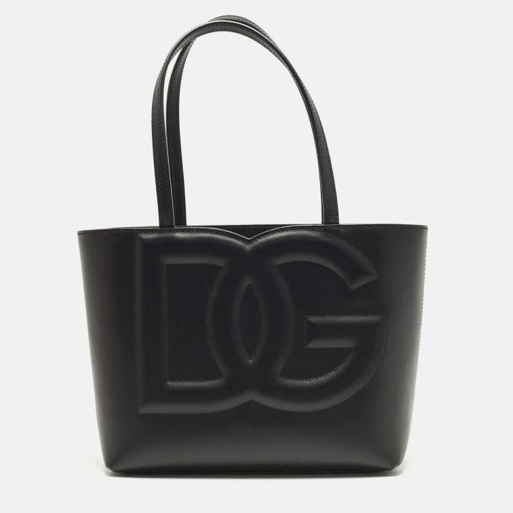 Pre Owned Dolce & Gabbana DG Embossed Logo Small Black Leather Tote