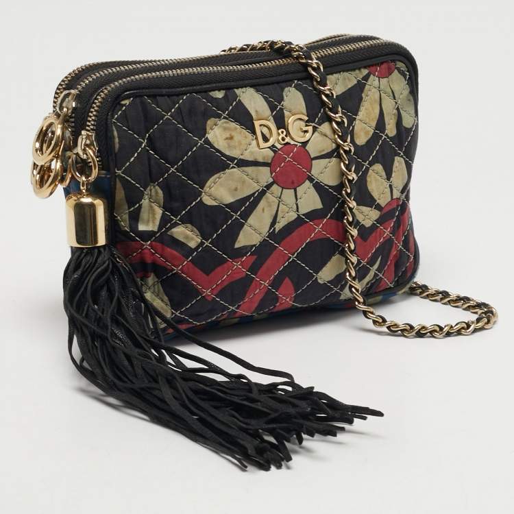 Pre Owned Dolce & Gabbana Lily Glam Multicolor Quilted Fabric and Leather Crossbody Bag