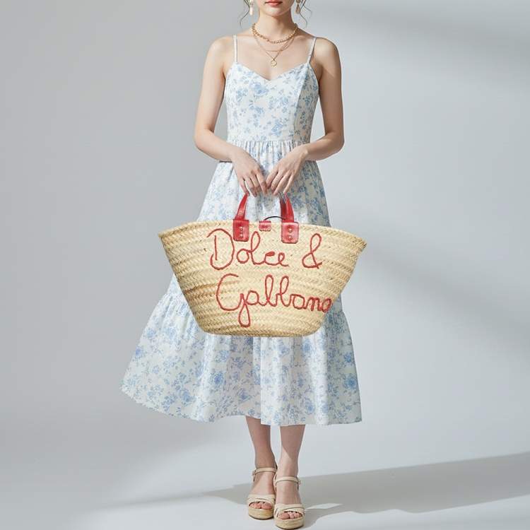 Pre Owned Dolce & Gabbana Kendra Embroidered Red/Cream Lizard Embossed Leather and Raffia Basket Bag