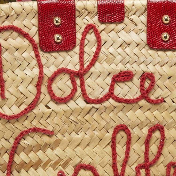 Pre Owned Dolce & Gabbana Kendra Embroidered Red/Cream Lizard Embossed Leather and Raffia Basket Bag