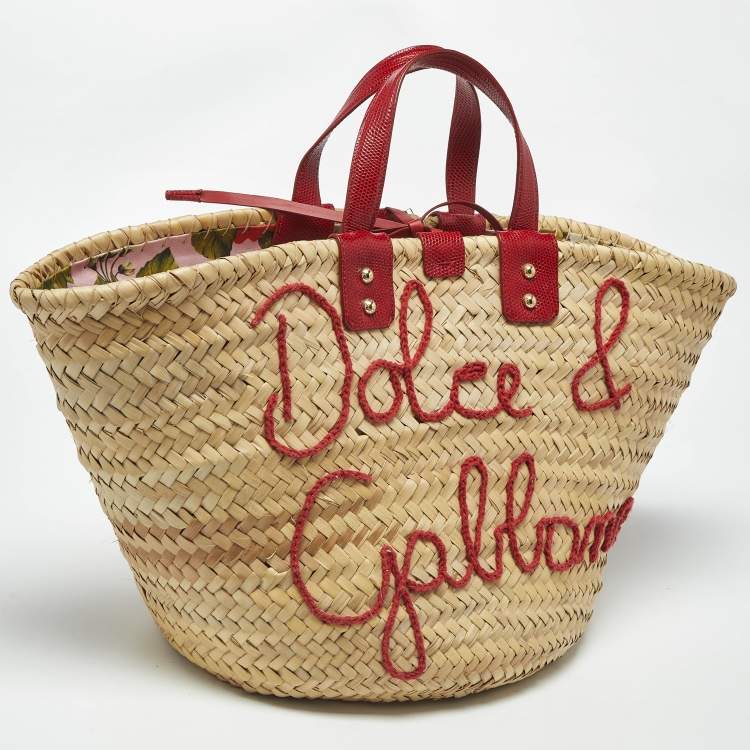 Pre Owned Dolce & Gabbana Kendra Embroidered Red/Cream Lizard Embossed Leather and Raffia Basket Bag