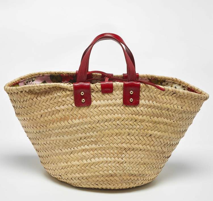 Pre Owned Dolce & Gabbana Kendra Embroidered Red/Cream Lizard Embossed Leather and Raffia Basket Bag