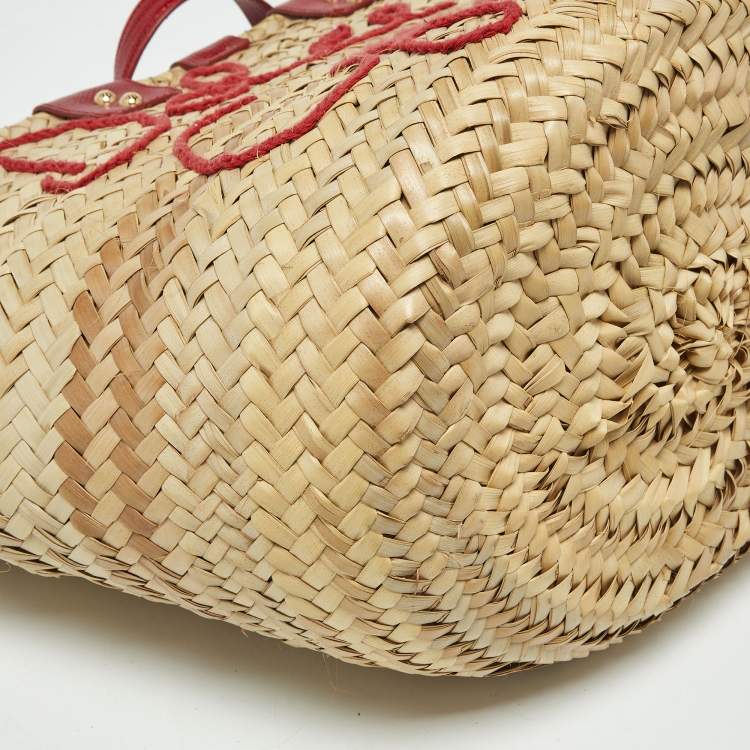 Pre Owned Dolce & Gabbana Kendra Embroidered Red/Cream Lizard Embossed Leather and Raffia Basket Bag