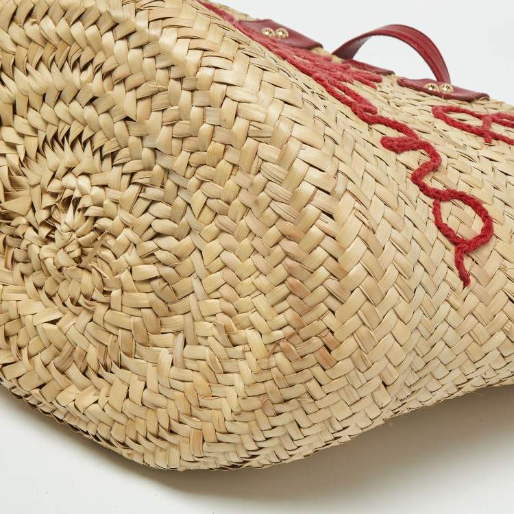 Pre Owned Dolce & Gabbana Kendra Embroidered Red/Cream Lizard Embossed Leather and Raffia Basket Bag