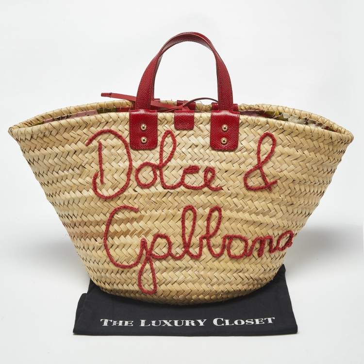 Pre Owned Dolce & Gabbana Kendra Embroidered Red/Cream Lizard Embossed Leather and Raffia Basket Bag