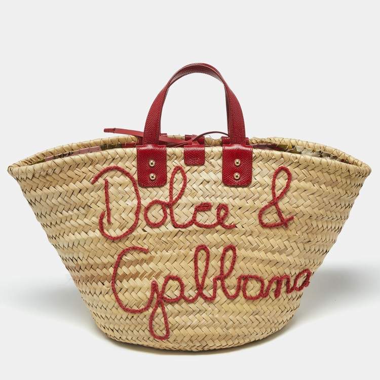 Pre Owned Dolce & Gabbana Kendra Embroidered Red/Cream Lizard Embossed Leather and Raffia Basket Bag