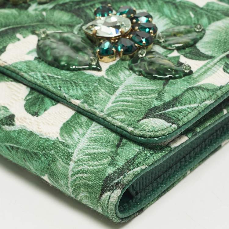 Pre Owned Dolce & Gabbana Miss Sicily Von Crystal Green Leaf Print Fabric and Leather Wallet On Chain
