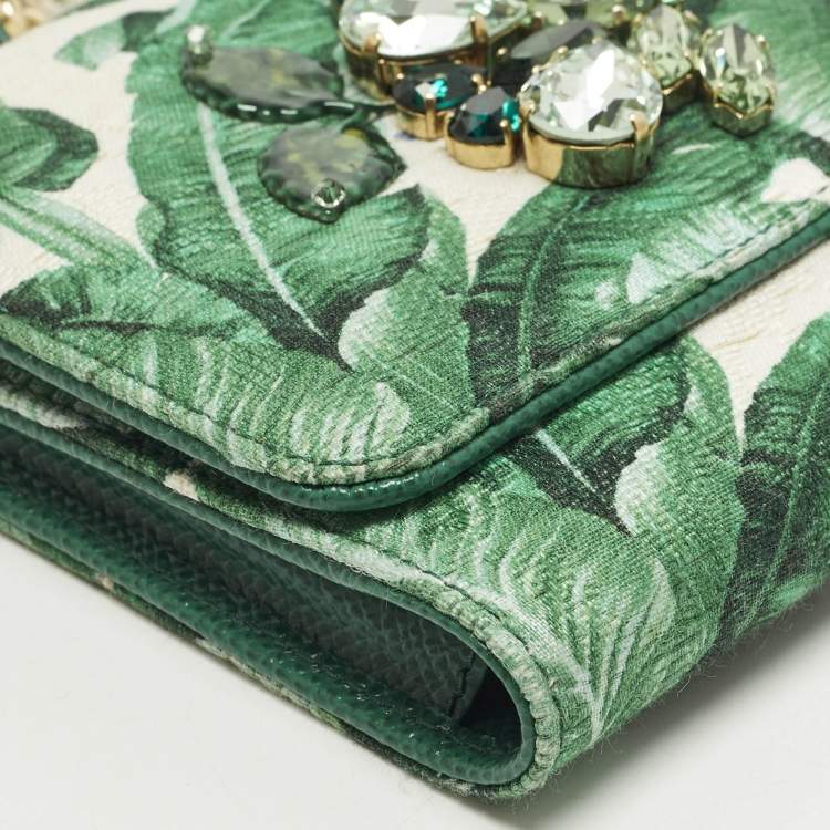 Pre Owned Dolce & Gabbana Miss Sicily Von Crystal Green Leaf Print Fabric and Leather Wallet On Chain
