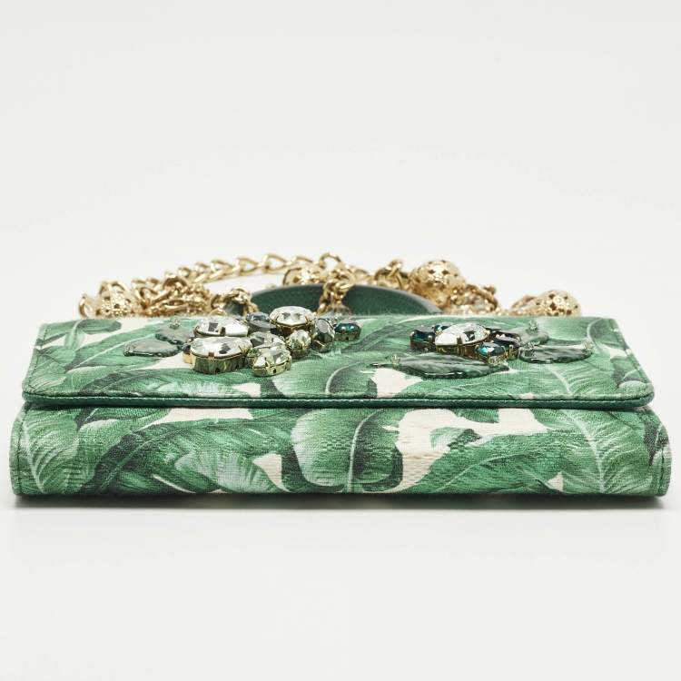 Pre Owned Dolce & Gabbana Miss Sicily Von Crystal Green Leaf Print Fabric and Leather Wallet On Chain