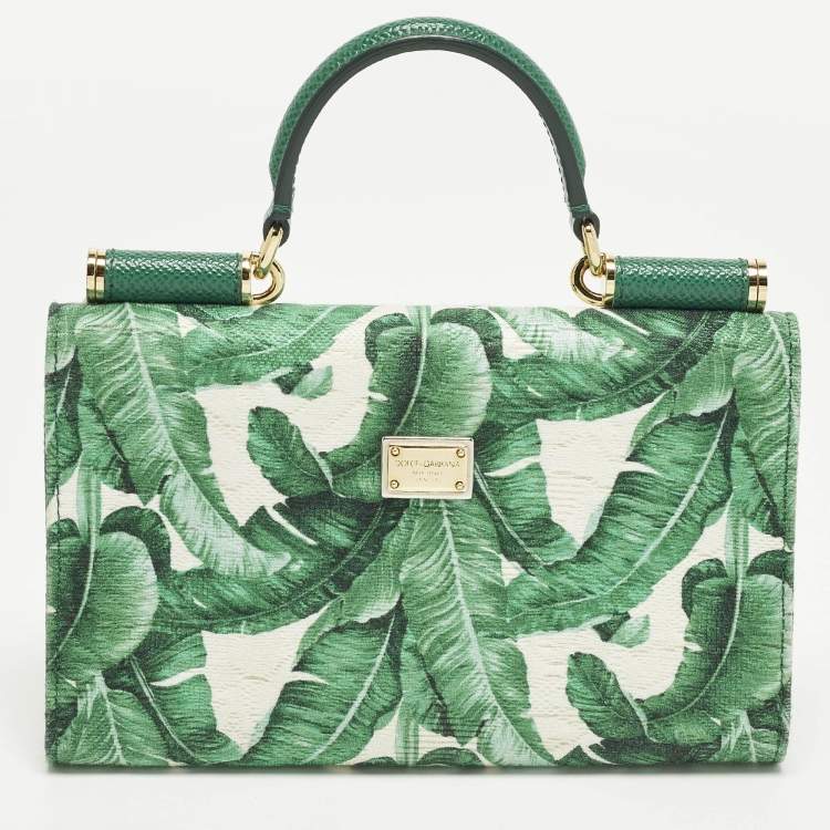 Pre Owned Dolce & Gabbana Miss Sicily Von Crystal Green Leaf Print Fabric and Leather Wallet On Chain