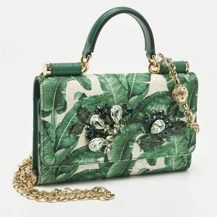 Pre Owned Dolce & Gabbana Miss Sicily Von Crystal Green Leaf Print Fabric and Leather Wallet On Chain