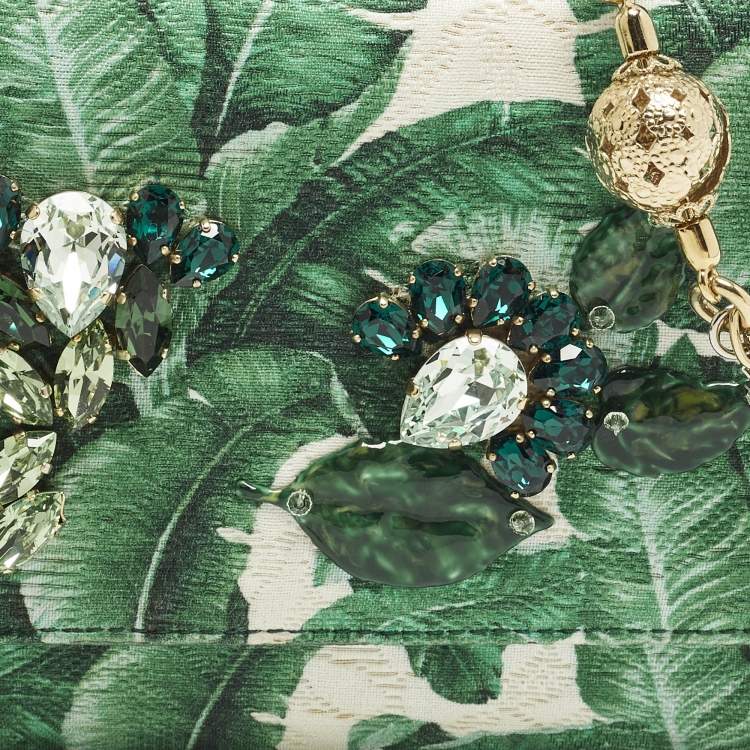 Pre Owned Dolce & Gabbana Miss Sicily Von Crystal Green Leaf Print Fabric and Leather Wallet On Chain