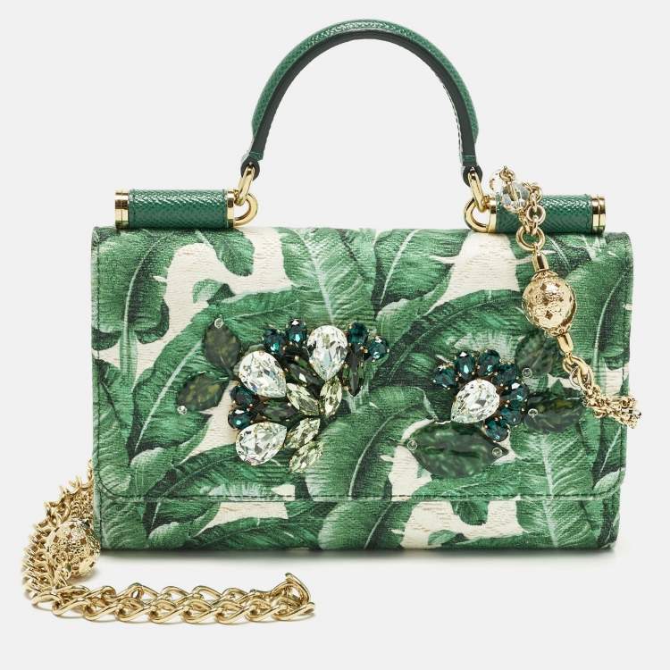 Pre Owned Dolce & Gabbana Miss Sicily Von Crystal Green Leaf Print Fabric and Leather Wallet On Chain