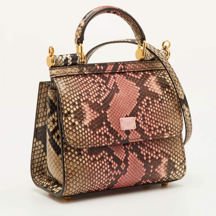 Pre Owned Dolce & Gabbana Sicily 58 Pink/Beige Python Top Handle Bag