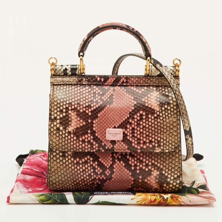 Pre Owned Dolce & Gabbana Sicily 58 Pink/Beige Python Top Handle Bag
