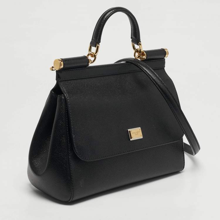 Pre Owned Dolce & Gabbana Miss Sicily Medium Black Leather Top Handle Bag