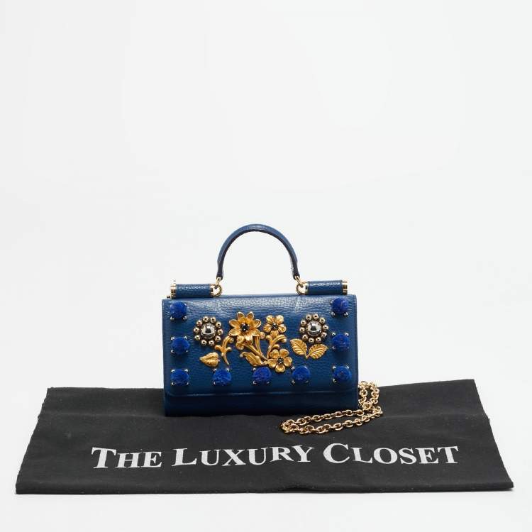 مملوكة مسبقًا Dolce & Gabbana Miss Sicily Von Embellished Blue Leather Wallet On Chain