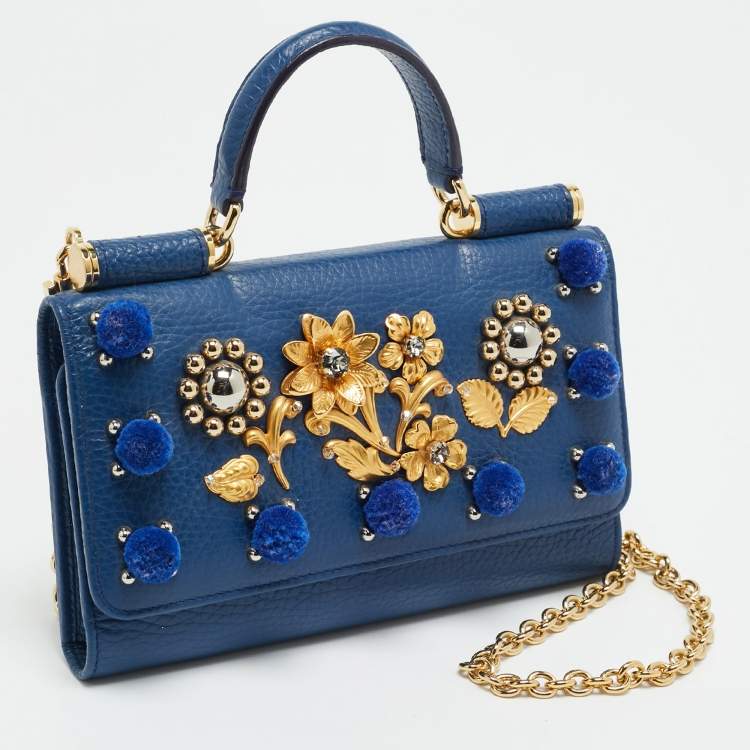 مملوكة مسبقًا Dolce & Gabbana Miss Sicily Von Embellished Blue Leather Wallet On Chain