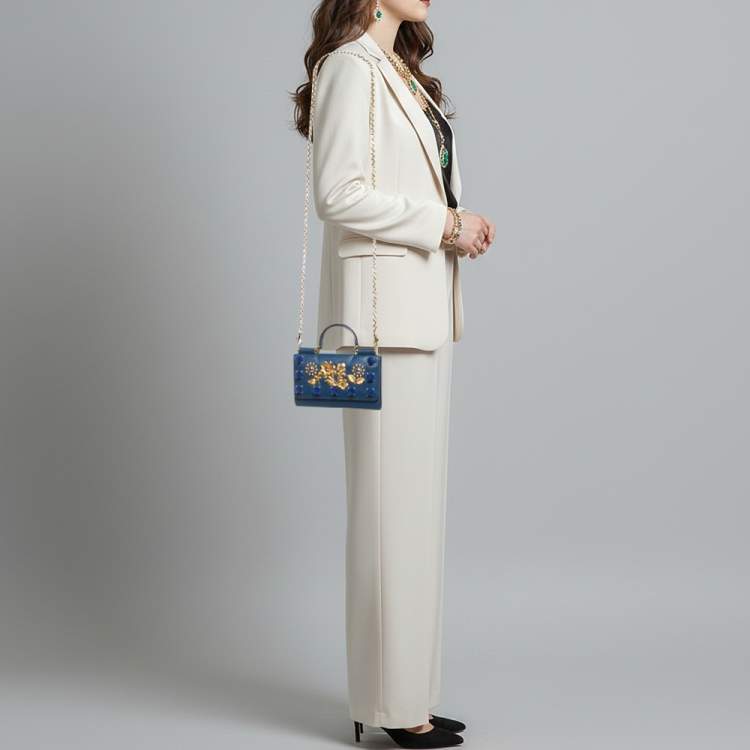 مملوكة مسبقًا Dolce & Gabbana Miss Sicily Von Embellished Blue Leather Wallet On Chain