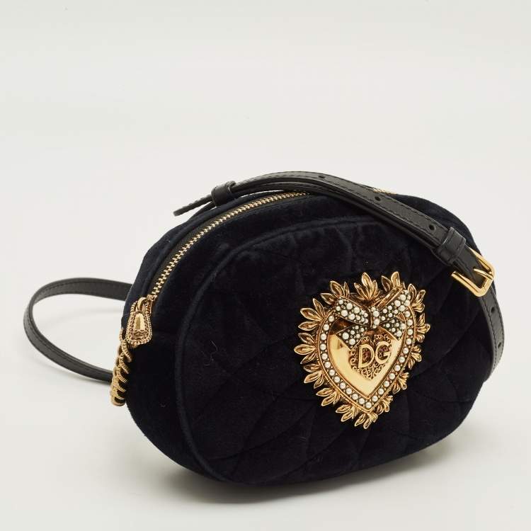 Pre Owned Dolce & Gabbana Devotion Camera Black Matelassé Velvet Crossbody Bag