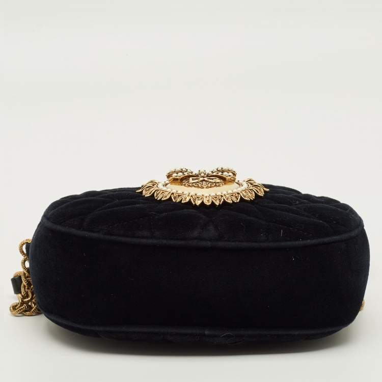 Pre Owned Dolce & Gabbana Devotion Camera Black Matelassé Velvet Crossbody Bag